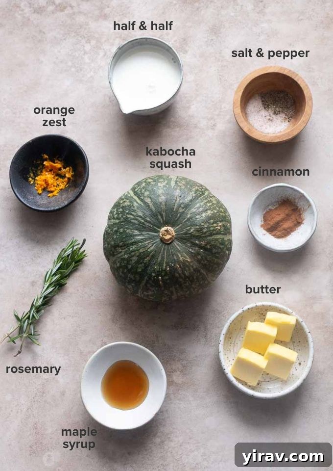 Velvet Kabocha Puree 4 Ingredients for making mashed kabocha squash, including whole squash, butter, herbs, and spices.