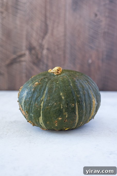 Velvet Kabocha Puree 5 Whole kabocha squash with fork pricks.