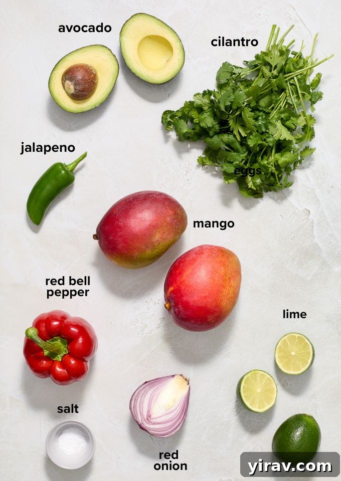A flat lay image showing all the fresh ingredients for mango avocado salsa, including diced mango, avocado, red bell pepper, red onion, jalapeño, cilantro, and limes.