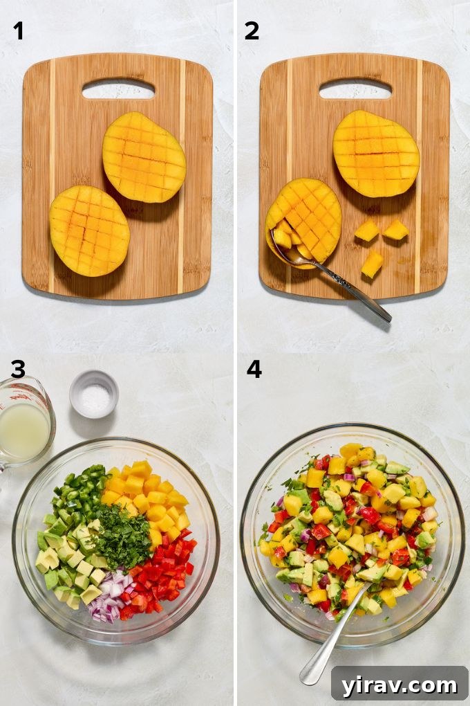 Step-by-step process of making mango avocado salsa, showing diced ingredients mixed in a bowl.