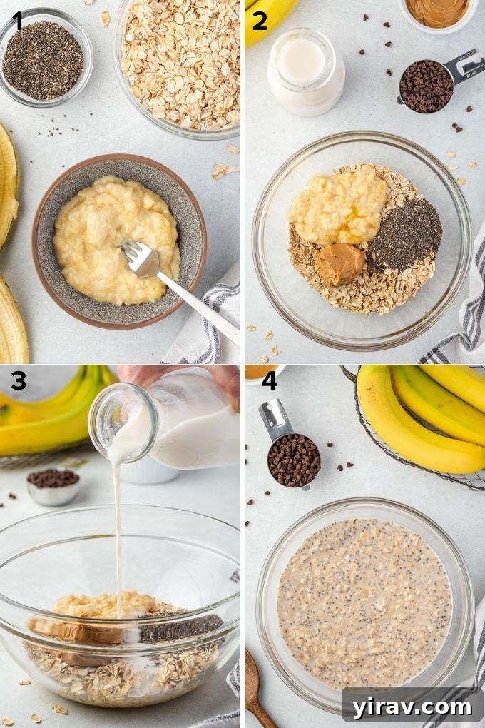 Overnight Peanut Butter Oat Bliss 5 A series of four step-by-step images demonstrating how to prepare peanut butter overnight oats in a large bowl, from mixing ingredients to adding milk and stirring until combined.