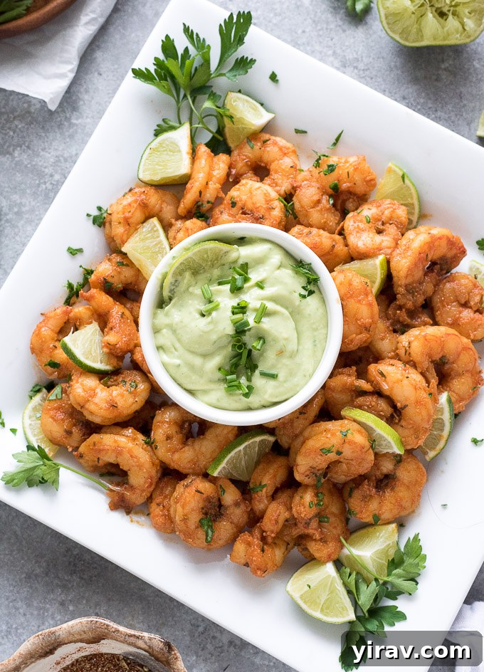 Blackened Shrimp Avocado Ranch 3 Blackened shrimp on a platter with avocado ranch dressing