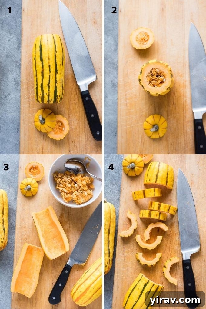 A step-by-step visual guide demonstrating the process of how to safely and easily cut a delicata squash into perfect pieces.