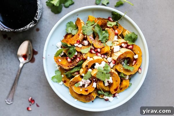Roasted delicata squash slices generously topped with vibrant pomegranate seeds and creamy goat cheese on a white serving plate.