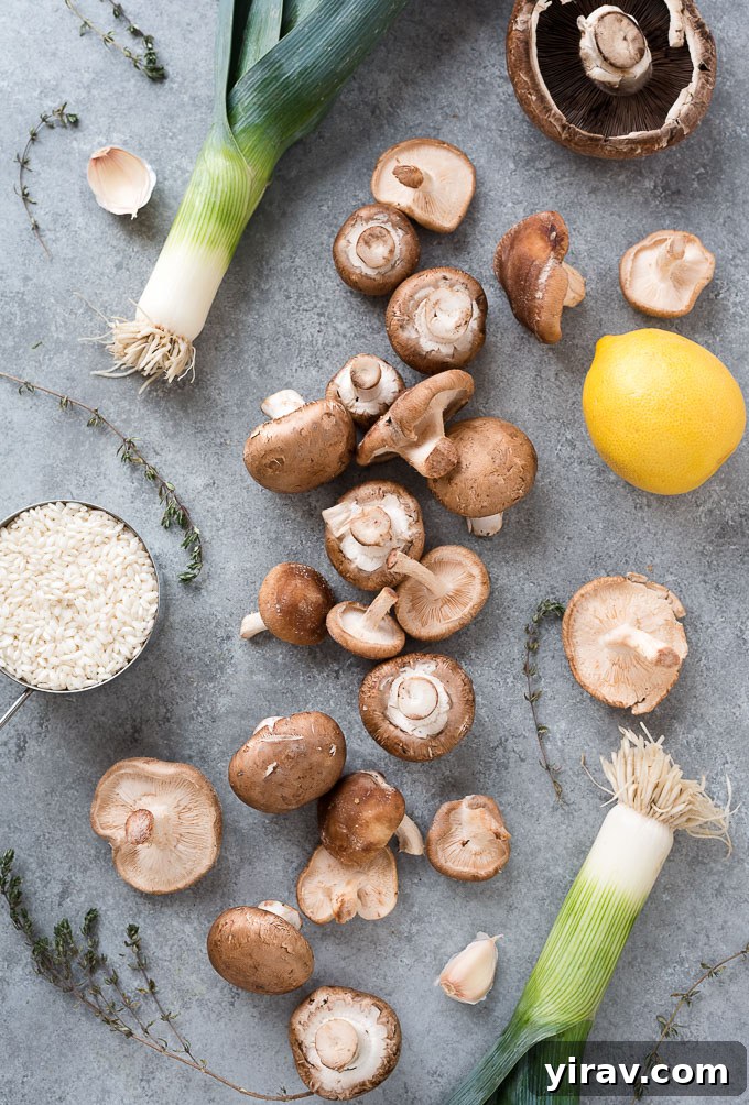 Velvety Instant Pot Mushroom Risotto 4 Assortment of fresh ingredients for Instant Pot risotto including mushrooms, leeks, garlic, rice, and herbs