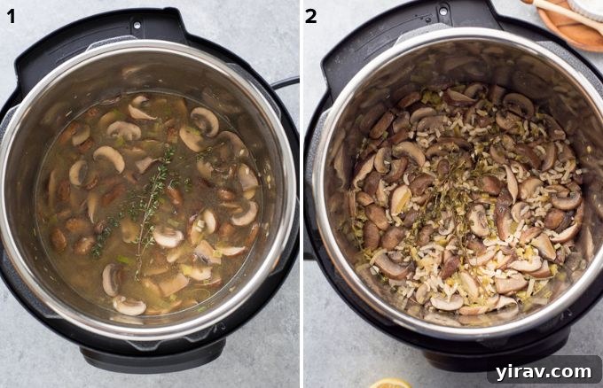 Velvety Instant Pot Mushroom Risotto 5 Visual guide showing steps to make instant pot risotto