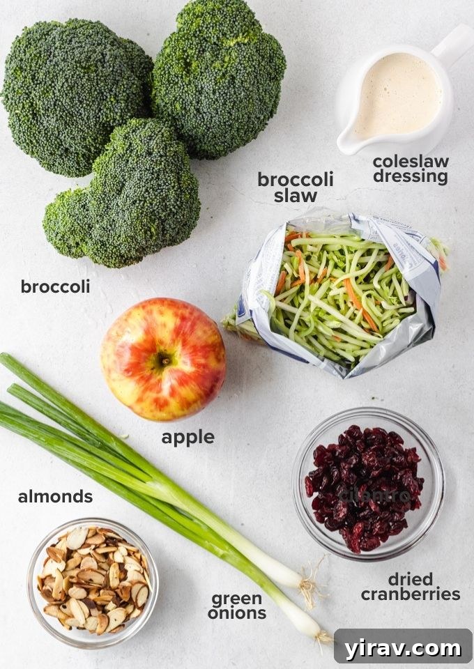Crisp Broccoli Delight 4 Various fresh ingredients laid out, including broccoli florets, shredded broccoli slaw mix, sliced apples, green onions, dried cranberries, and toasted almonds.
