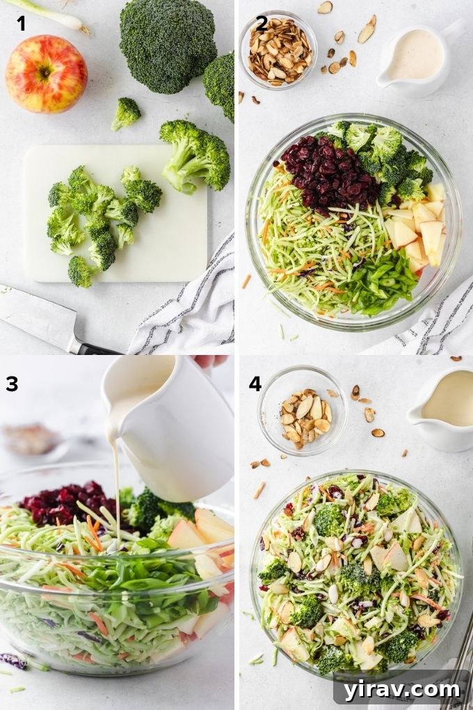 Crisp Broccoli Delight 5 A photo collage showing the steps to make broccoli slaw: chopping broccoli, combining ingredients in a bowl, and tossing with dressing.