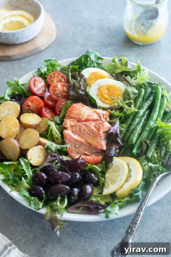 Vibrant Salmon Nicoise 3 A beautifully plated Salade Niçoise with a perfectly cooked salmon fillet as the centerpiece, surrounded by colorful vegetables.