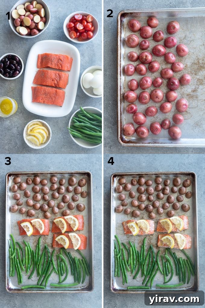 Vibrant Salmon Nicoise 5 Step-by-step image showing salmon, potatoes, and green beans roasting on a single sheet pan for Niçoise salad.