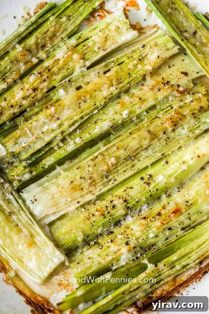 Roasted leeks in a baking dish