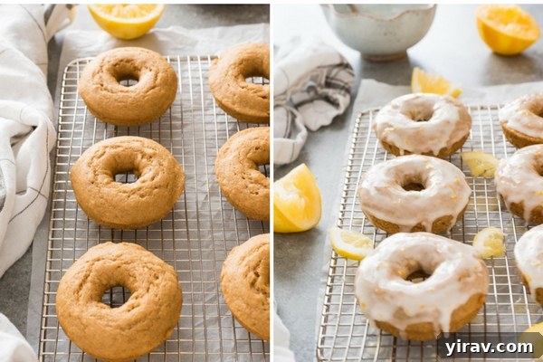 A collage showing the stages of making lemon donuts: mixing batter, piping into a donut pan, and finished glazed donuts.