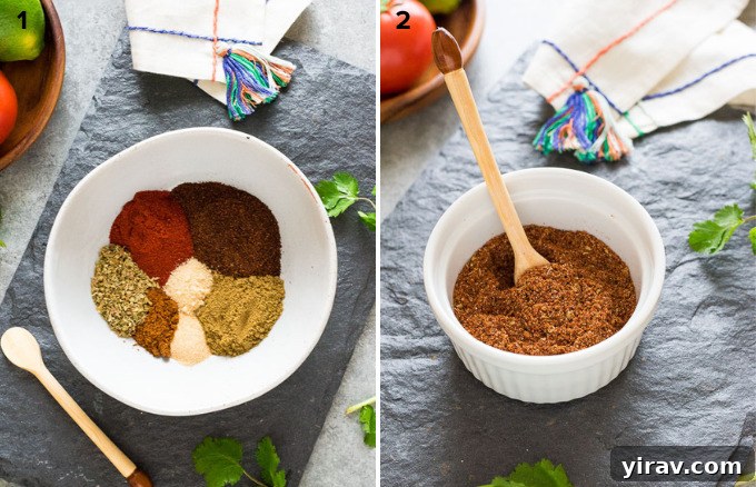A visual guide depicting the simple two-step process of combining various spices in a bowl to create a flavorful homemade Mexican spice blend.