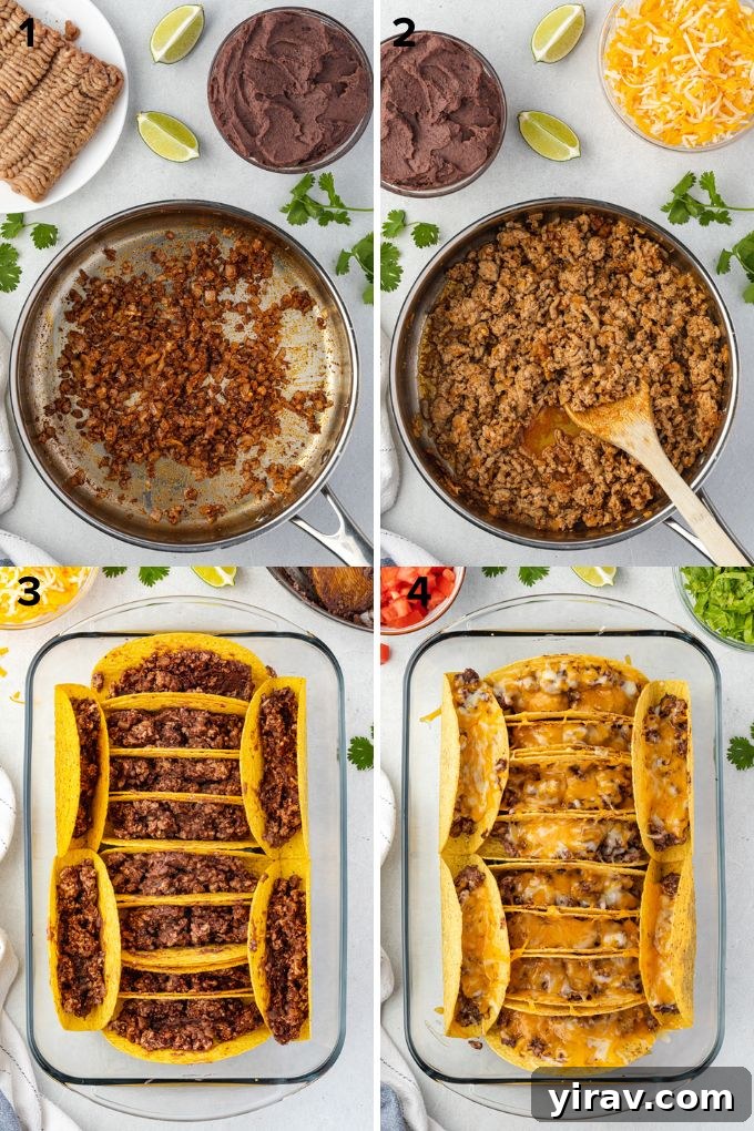 Golden Brown Turkey Tacos 5 Step-by-step image showing how to assemble baked turkey tacos with seasoned turkey, refried beans, and cheese in shells.