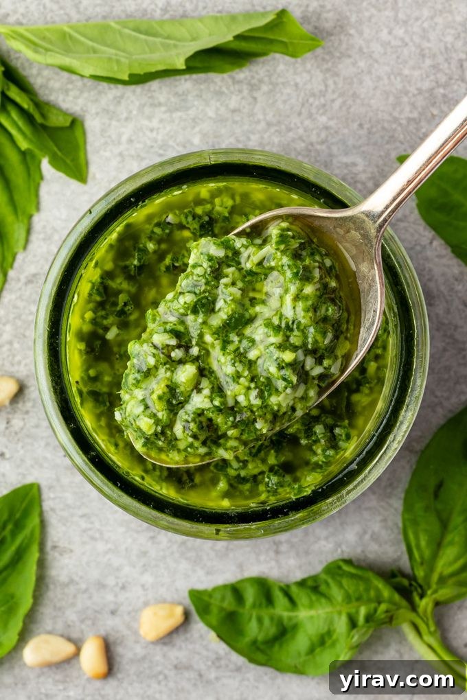 A spoonful of fresh basil pesto sauce held over a jar of pesto, showcasing its rich green color and texture