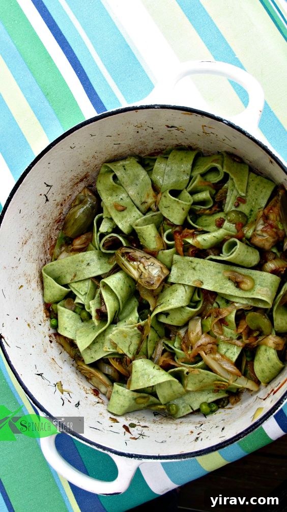 Hearty Spinach Pasta, 'La Fritteda', in a Dutch oven, loaded with fava beans, fennel, and onions.
