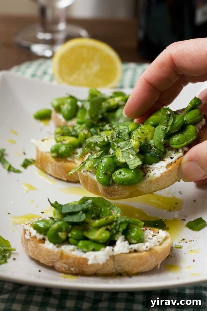 Elegant Fava Bean Crostini with ricotta and mint on a white plate, perfect as an appetizer or light meal.