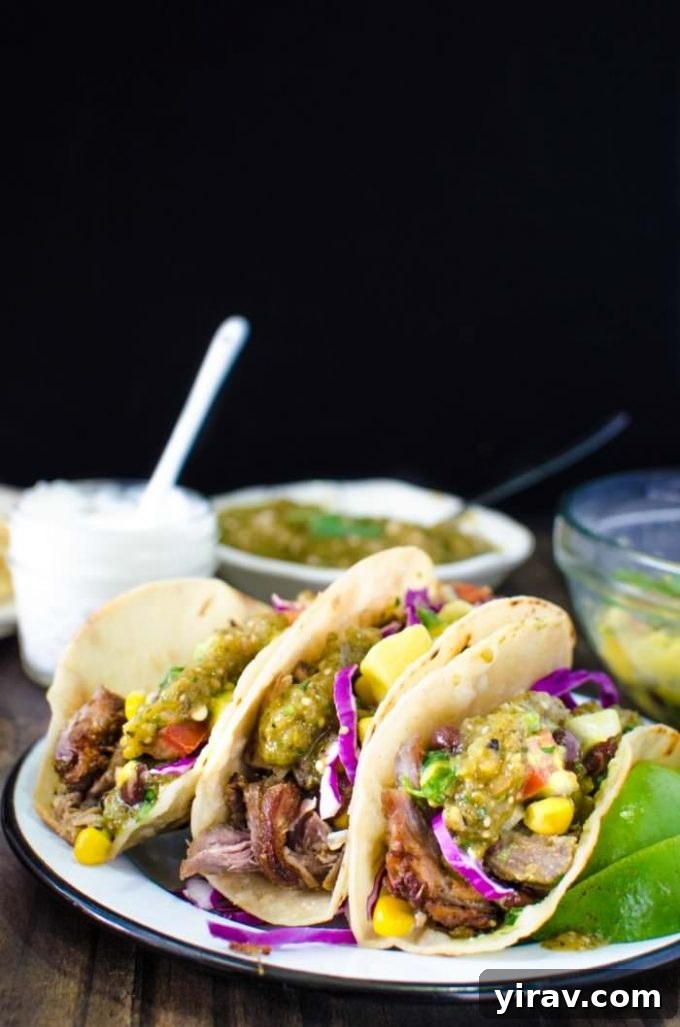 Three pork carnitas tacos on a white plate.