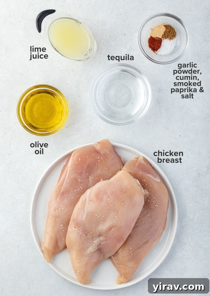 A collection of ingredients for tequila lime chicken marinade