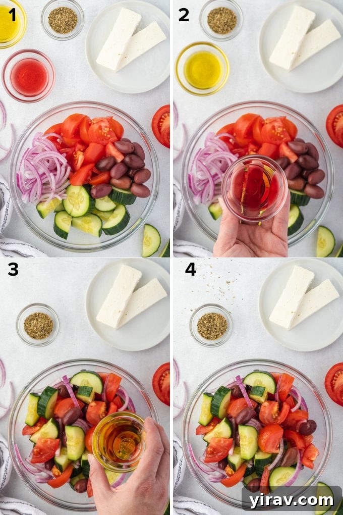 Step-by-step image showing chopped vegetables in a bowl for Horiatiki