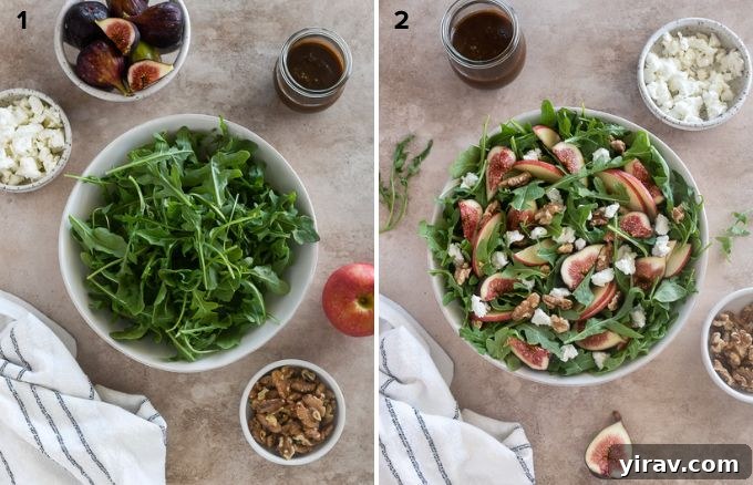 A step-by-step image showing prepped figs, apples, and goat cheese ready to be combined with arugula and walnuts.