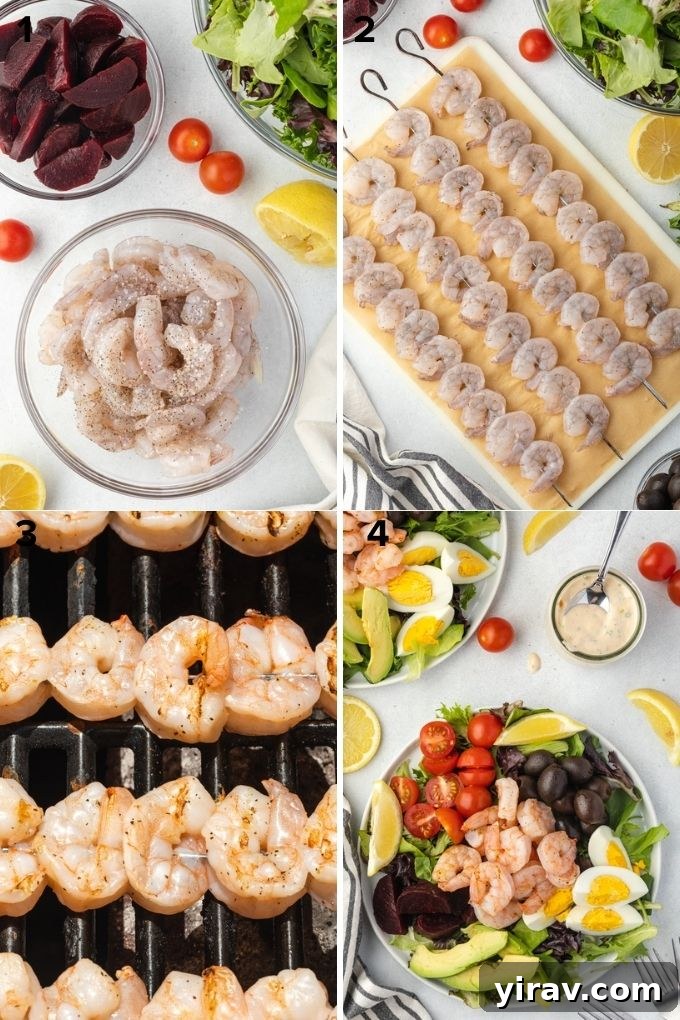 Step-by-step image of shrimp being seasoned and prepared for grilling for the Louie salad.