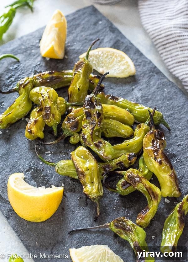 Grilled Shishito Peppers piled on a serving platter with lemon