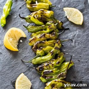Grilled shishito peppers on serving board with lemon and sea salt