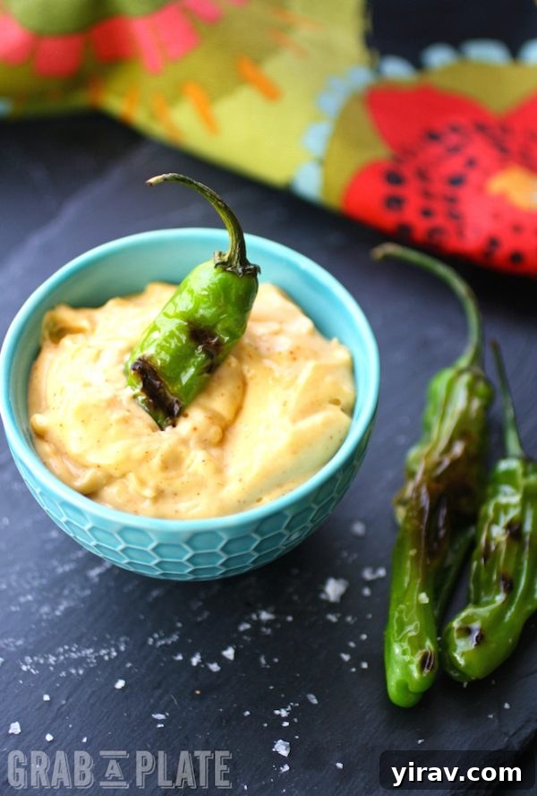 A blistered shishito pepper resting in a bowl of aioli. Two more peppers rest nearby.