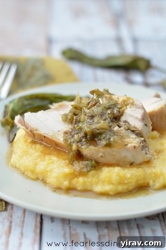 Chicken with shishito pepper sauce over polenta