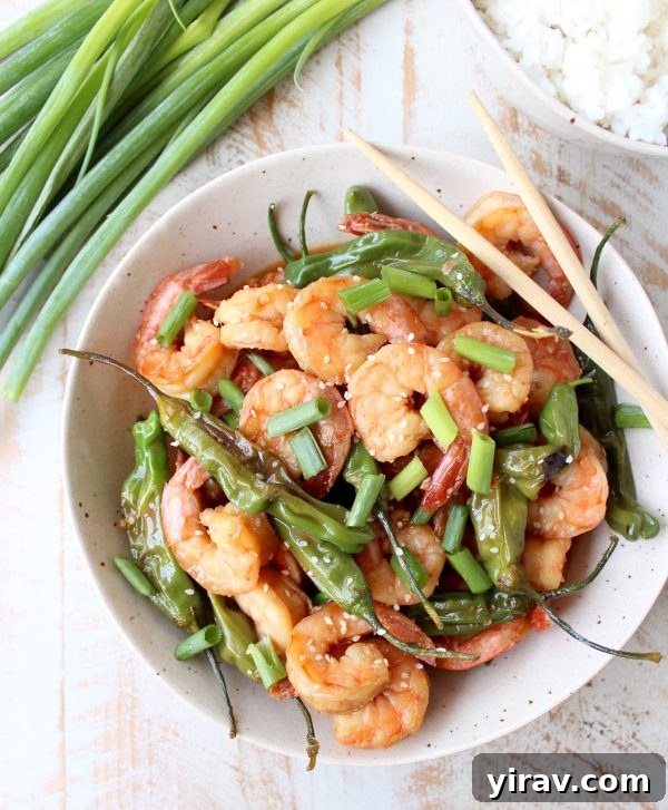 Overhead view of shishito shirmp stir fry in a white bowl with chopsticks.
