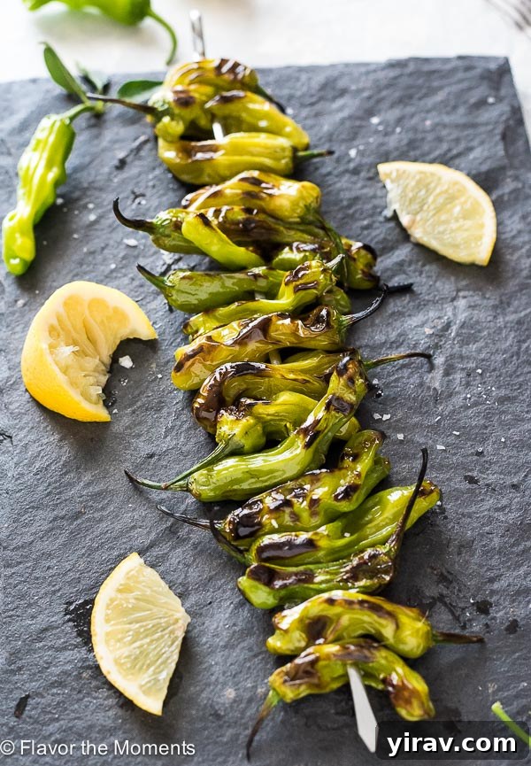 Grilled shishito peppers on serving board with lemon and sea salt