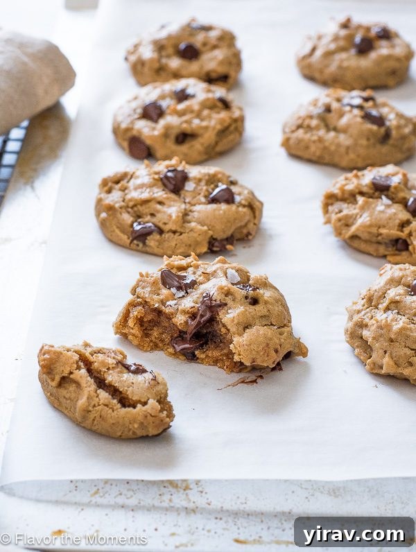 Flourless peanut butter chocolate chip oatmeal cookie cut in half showing melty chocolate inside
