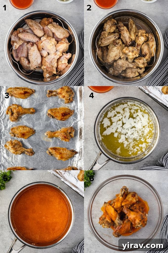 A visual step-by-step guide showing how to prepare and cook chicken wings in an Instant Pot, from seasoning to placing on the trivet.