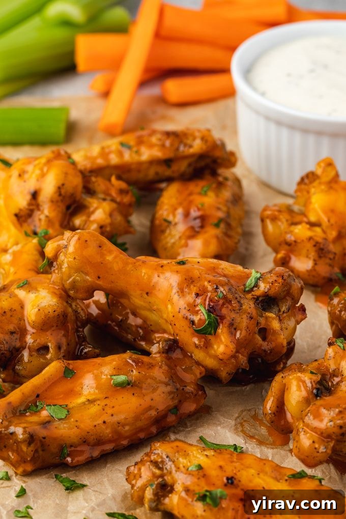 A generous pile of honey buffalo chicken wings displayed on parchment paper, highlighting their glossy, saucy coating.