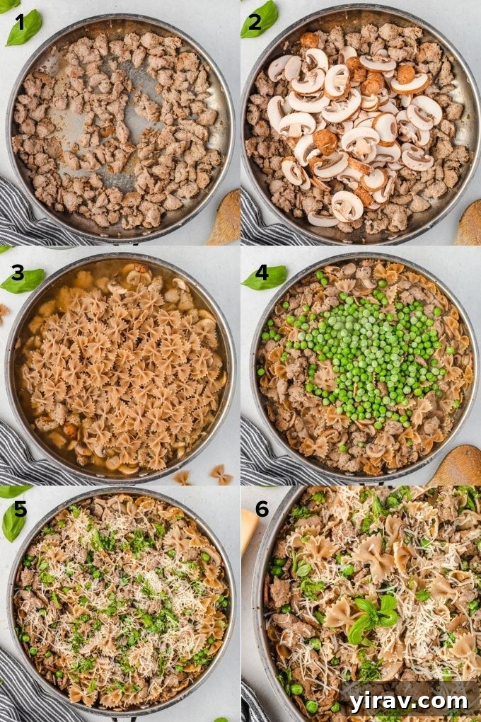 A step-by-step photo collage illustrating the process of making Italian sausage bow tie pasta, from browning the sausage to adding pasta and vegetables, and finally stirring in cheese and basil.