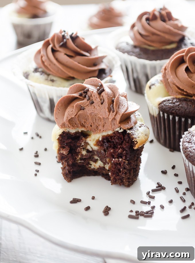 Black bottom cupcake with bite taken out of it