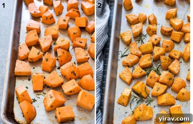 Step-by-step image of sweet potatoes being tossed with seasoning and spread on a baking sheet.