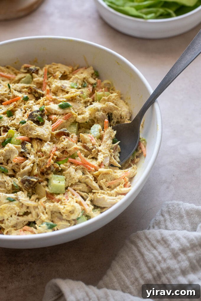 Close-up of a spoonful of creamy chicken salad with curry, showing the texture and visible ingredients like apricots and almonds.