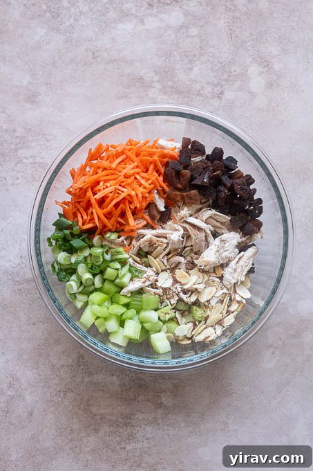 All the dry ingredients for curry chicken salad (chicken, celery, carrot, green onions, apricots, almonds) in a large mixing bowl, ready for dressing.