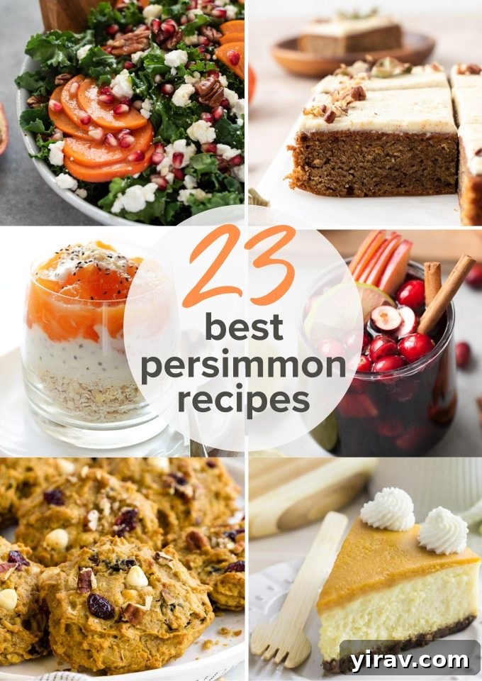 Long collage featuring various persimmon recipes like cookies, cake, and salad, alongside whole persimmons.