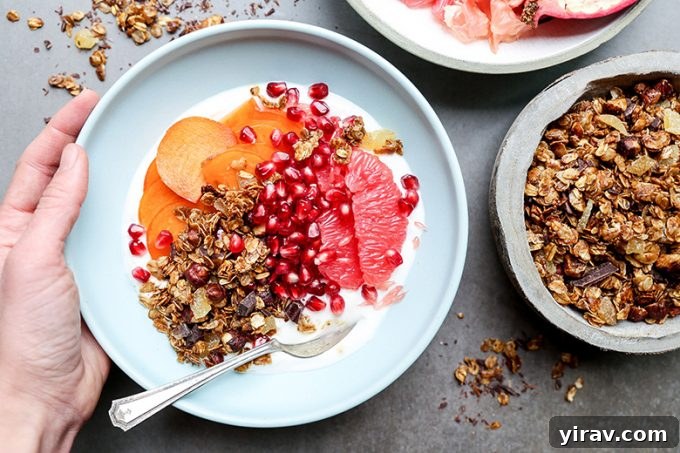A beautifully composed winter fruit and yogurt bowl, held by a hand, showcasing persimmons, pomegranates, and grapefruit.