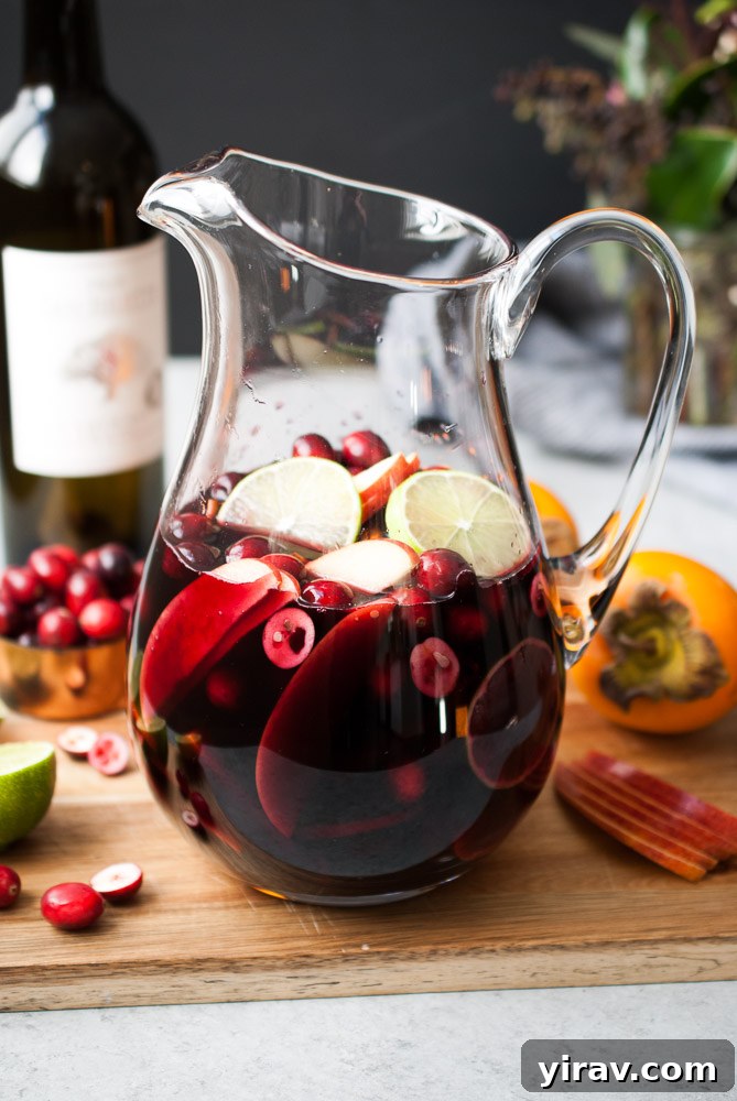 Cranberry apple persimmon sangria in elegant glasses, garnished with fresh fruit.