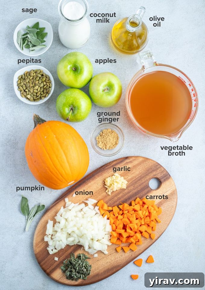 A flat lay of all the fresh ingredients for roasted pumpkin apple soup, including pumpkin, apples, onions, carrots, garlic, sage, and spices.