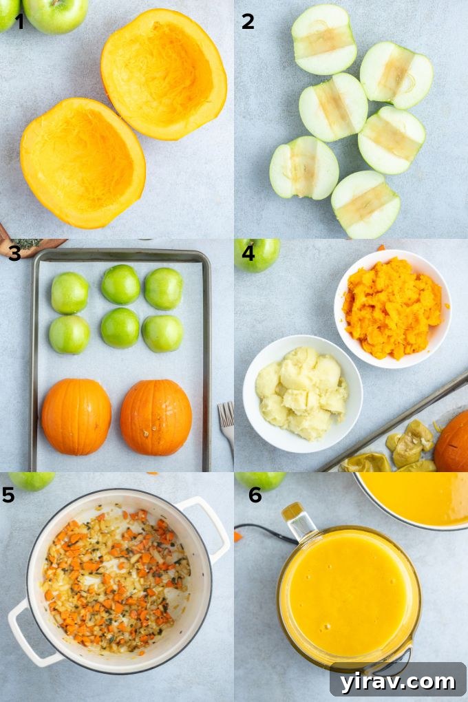 Step-by-step image showing how to make roasted pumpkin apple soup: roasting ingredients, sautéing aromatics, and blending the soup.