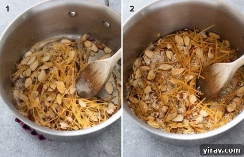 Toasted almonds, vermicelli and rice in pot collage