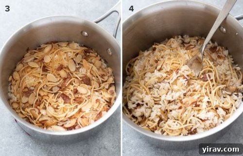Rice pilaf in pot before and after fluffing collage