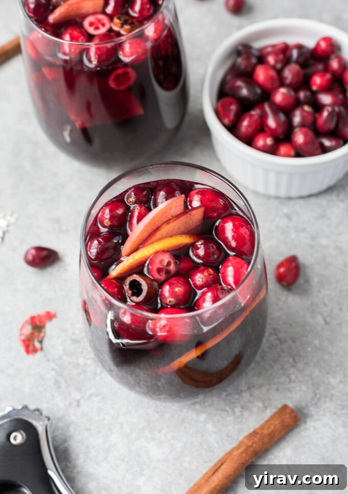 Glass of cranberry sangria, perfectly garnished for the holidays