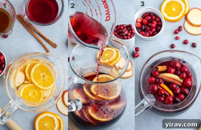 Step-by-step photos illustrating how to make cranberry sangria