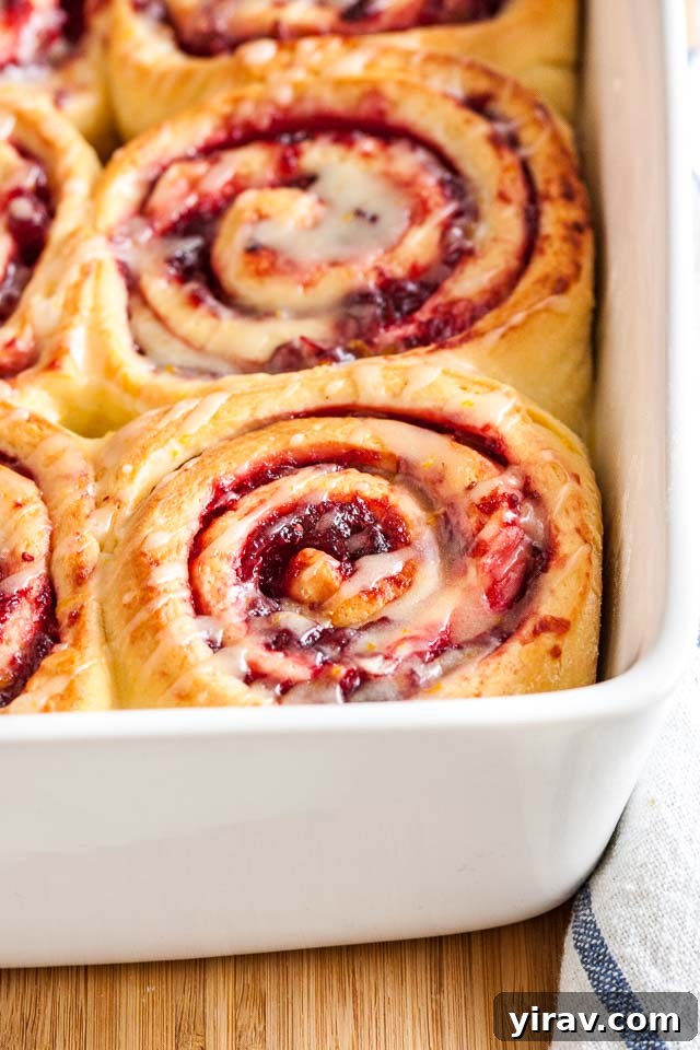 A white baking dish filled with golden-brown cranberry orange rolls, freshly baked.